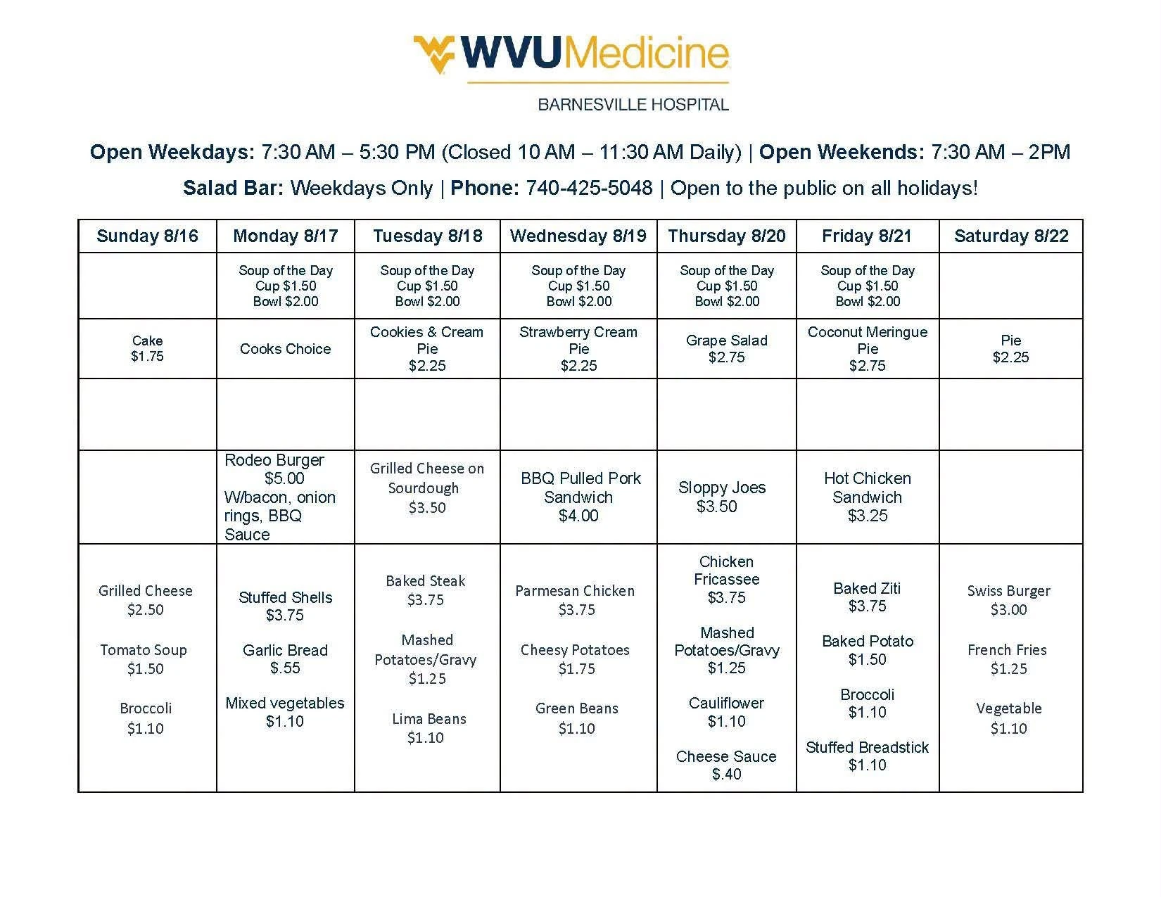 Hospital Menu Aug. 16 – 22