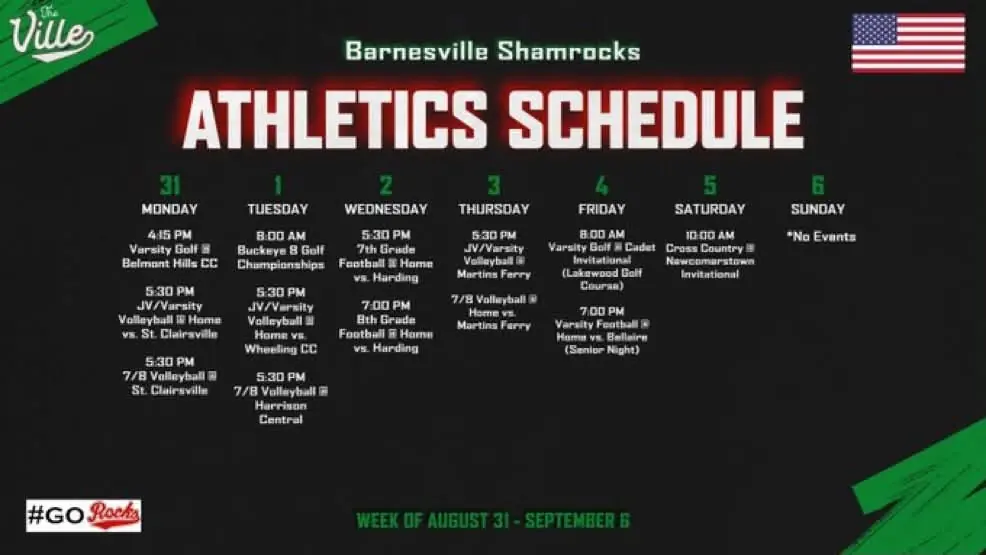 Barnesville Shamrock Athletics Schedule Aug. 31 – Sept. 6