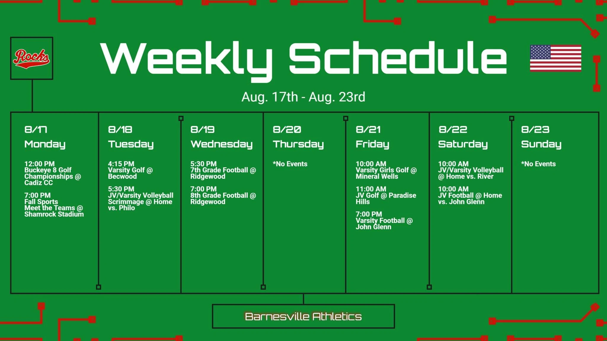 Shamrock Athletics Schedule Aug. 17-23