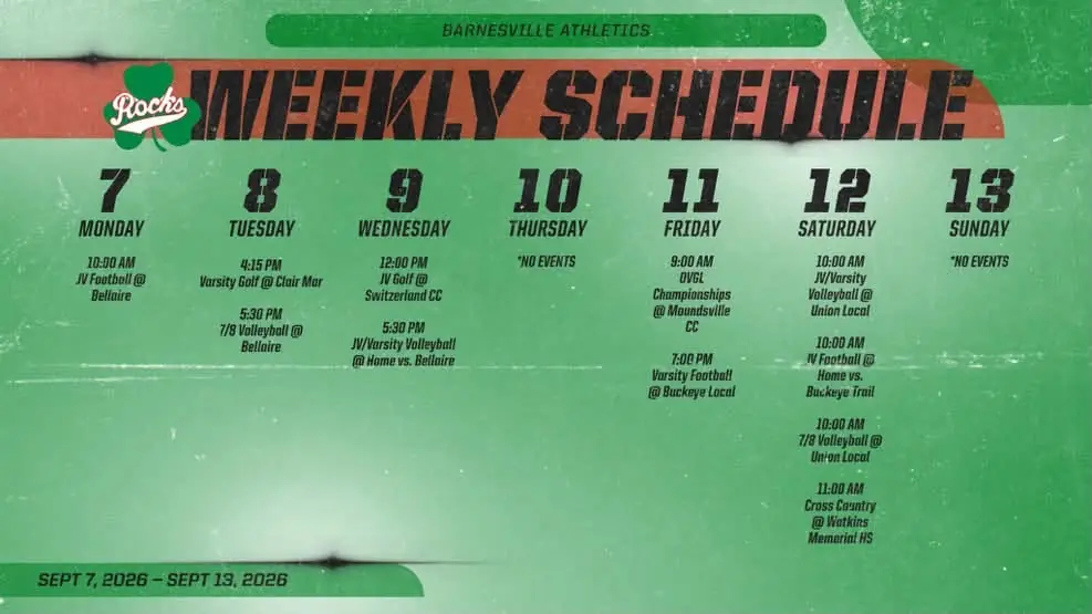 Barnesville Shamrock Athletics Schedule, Sept. 7-13