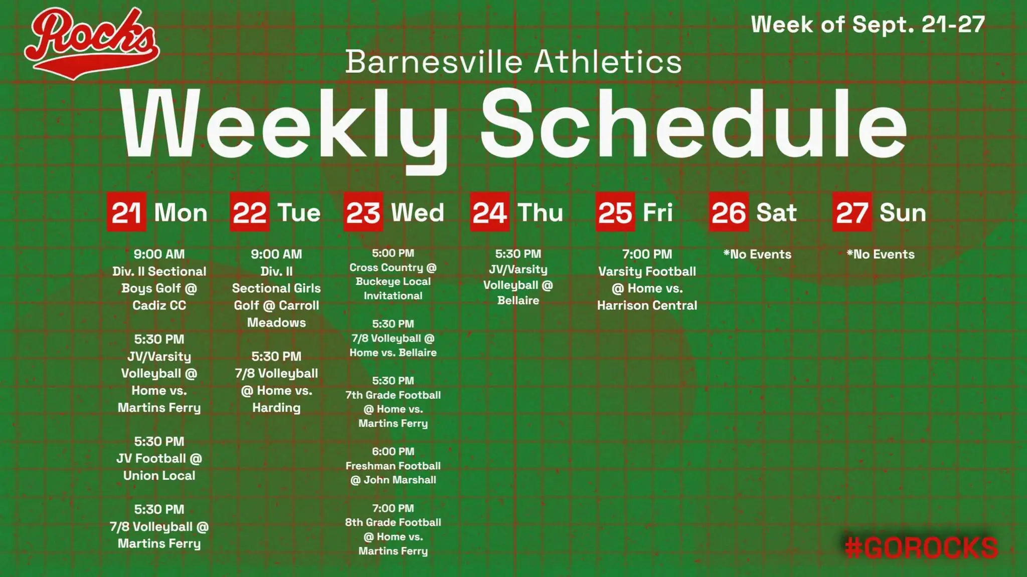 Shamrock Athletics Sept. 21-26