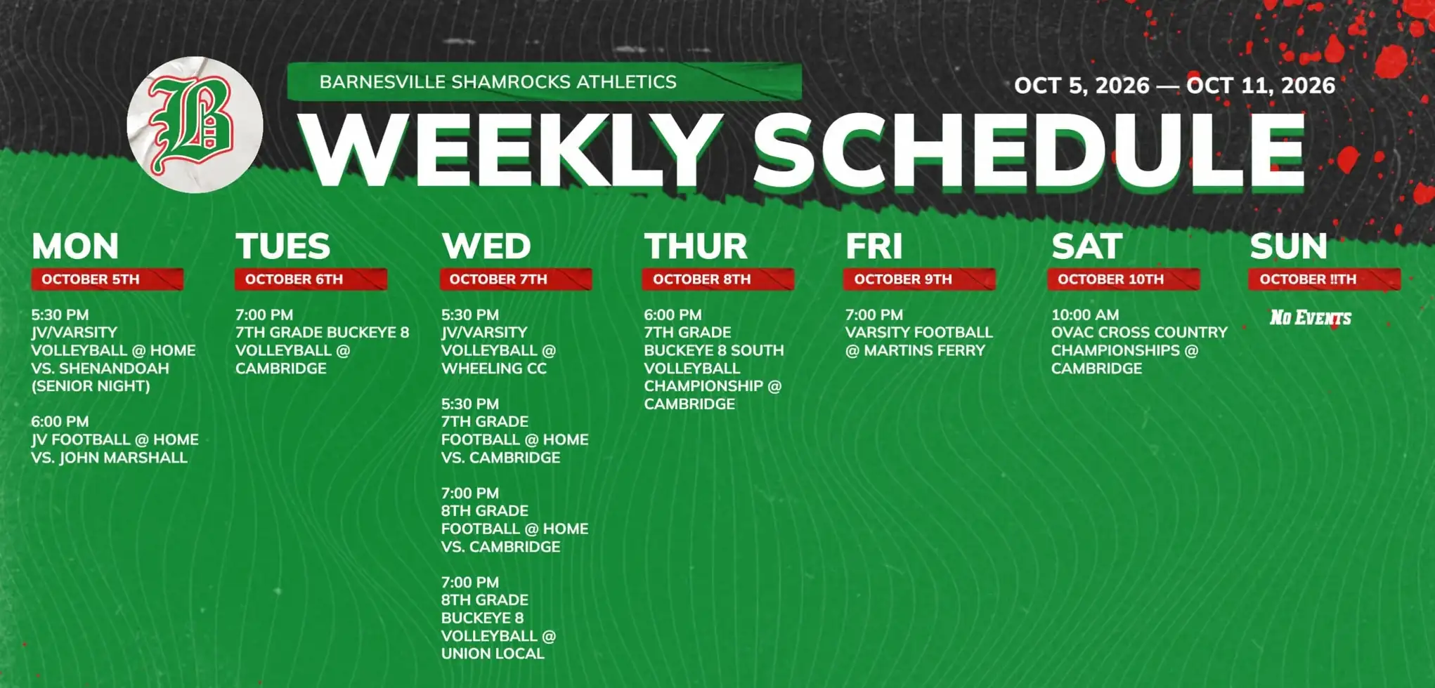 Shamrock Athletics Schedule – Oct. 5-11, 2026